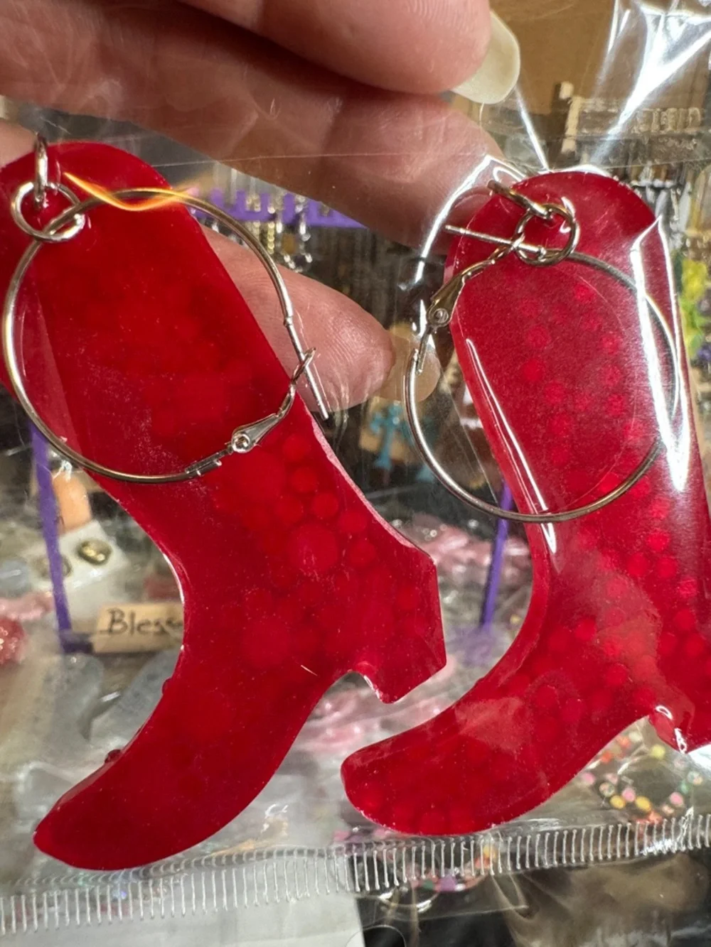 Red Rhinestone & Pearl Western Boot Earrings - Statement Drop Earrings - Picture 2 of 2